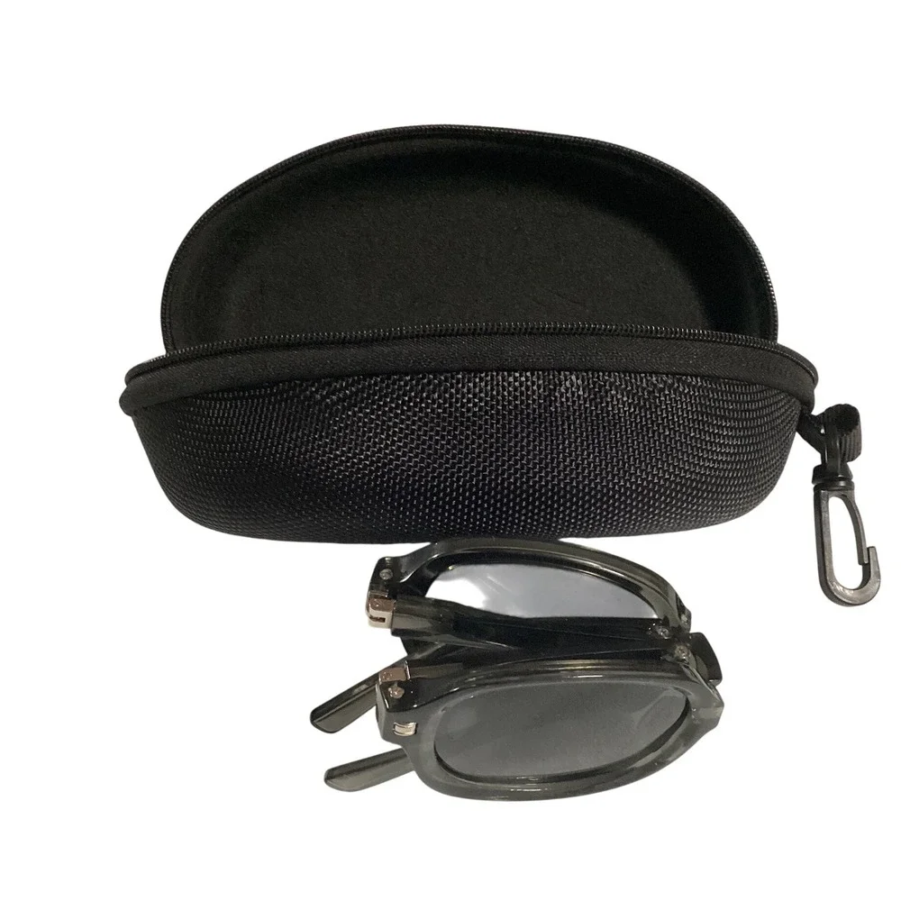 Folding Sunglasses Gray Frame Dark Lenses Oval Travel Case Fashion Accessories‎
